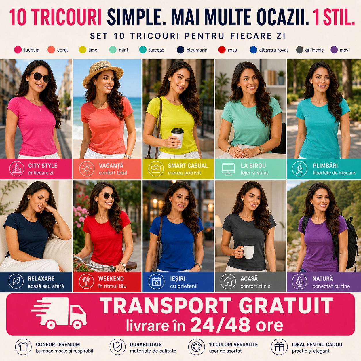 10 tricouri simple damă pentru mai multe ocazii 10 tricouri simple damă pentru mai multe ocazii, oraș, vacanță, birou, plimbare, weekend