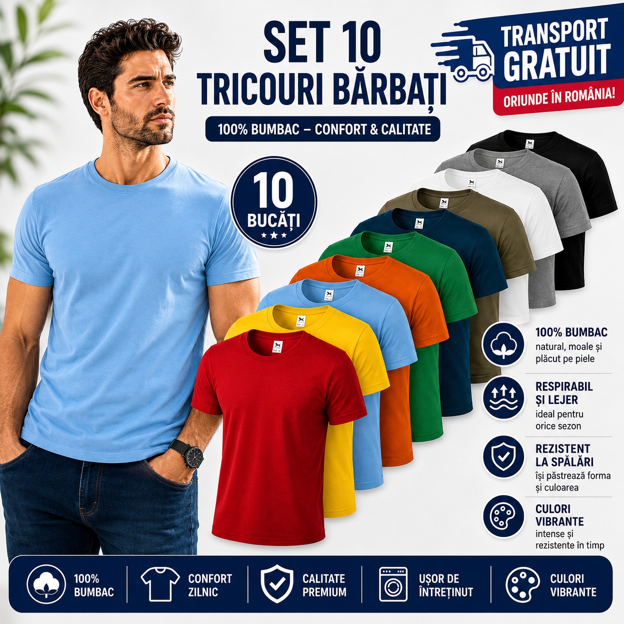 Set 10 tricouri bărbați 100% bumbac, confort și calitate