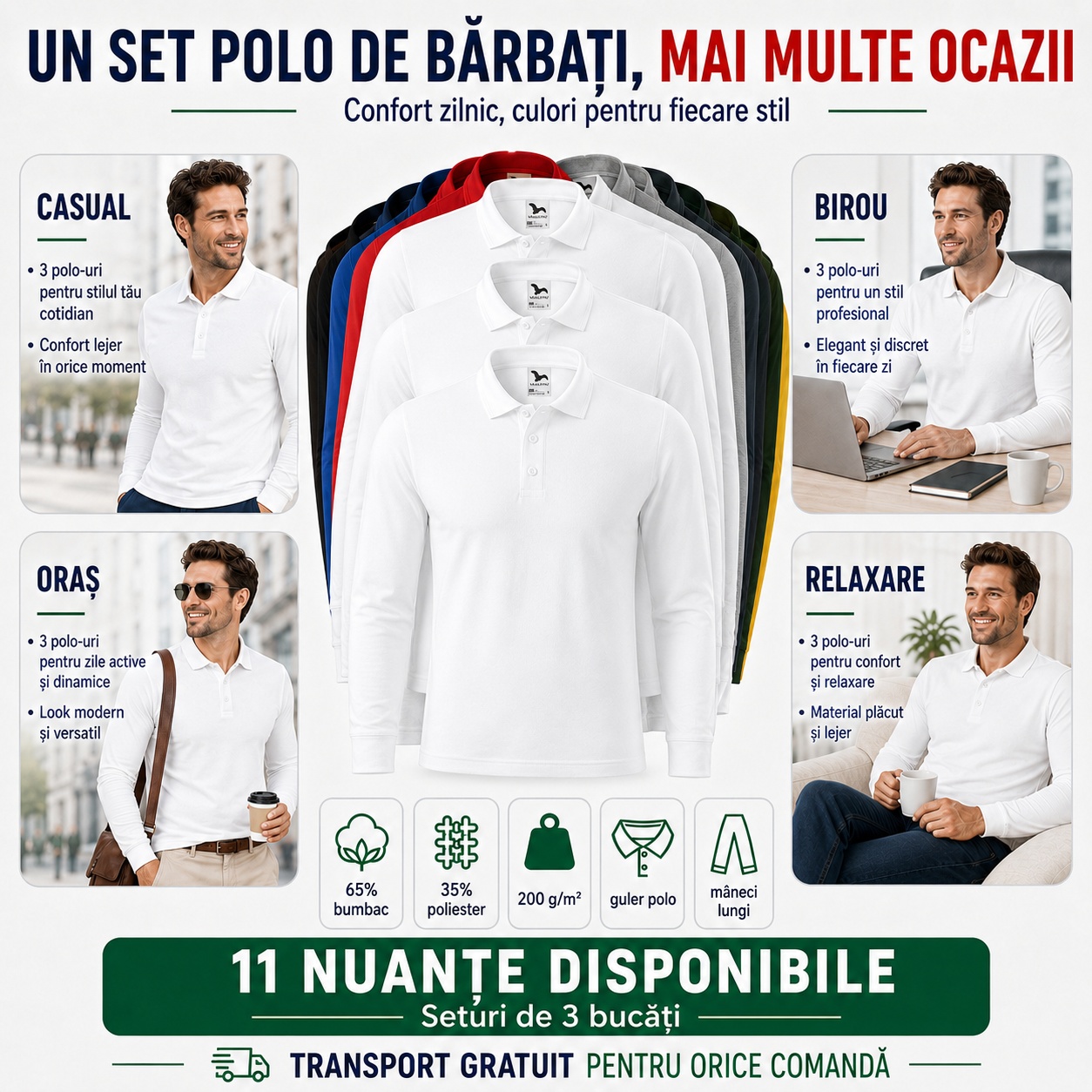 Set polo bărbat pentru casual, birou, oraș și relaxare