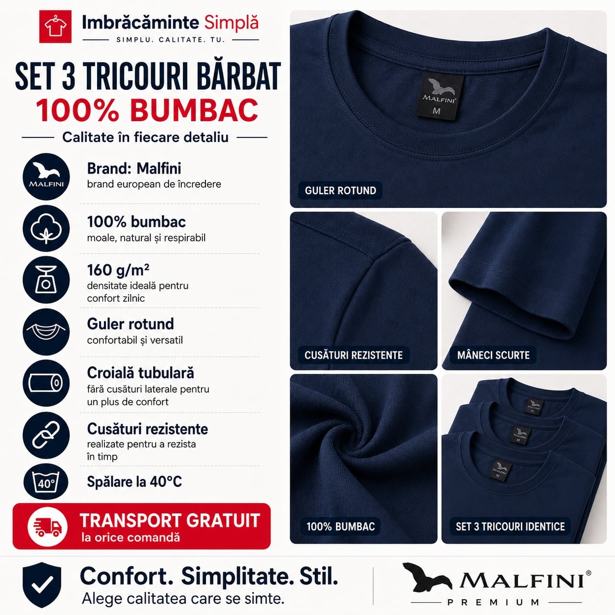 Detalii set 3 tricouri bărbat Malfini, guler rotund, cusături rezistente, m&acirc;neci scurte, 100% bumbac