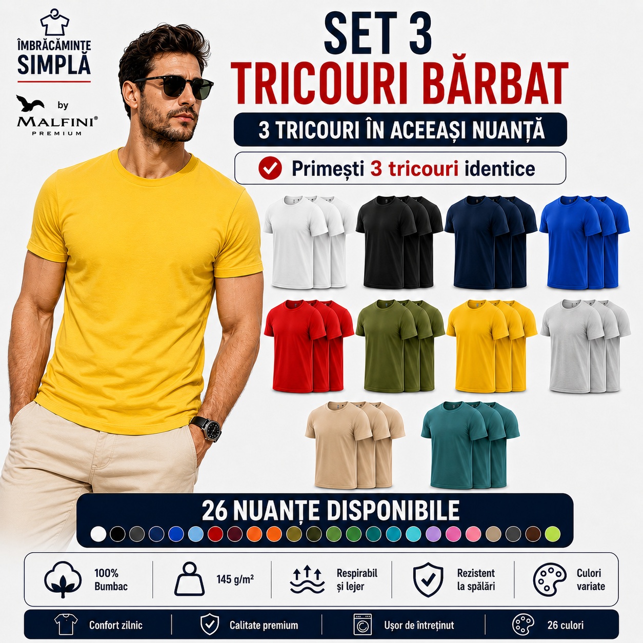 Set 3 Tricouri Bărbat cu 26 Nuanțe Disponibile Set 3 tricouri bărbat 100% bumbac, respirabil și lejer, rezistent la spălări, culori variate