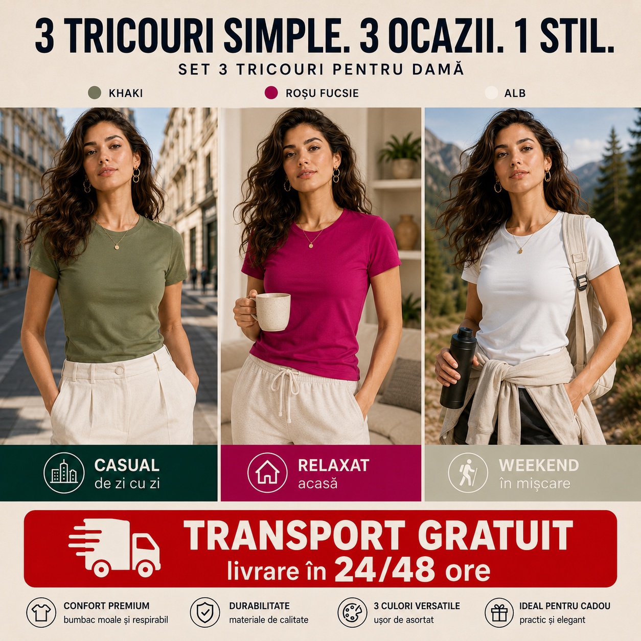 3 tricouri simple 3 ocazii 1 stil set damă Khaki Roșu Fucsie Alb