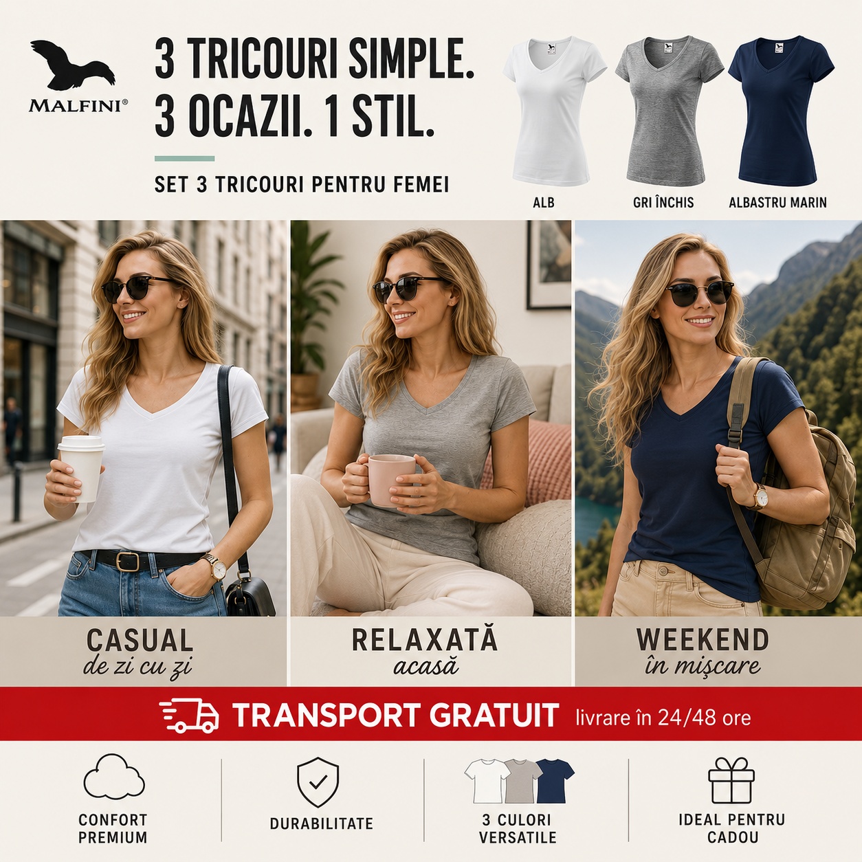 3 tricouri simple, 3 ocazii, 1 stil 3 tricouri simple damă pentru ținute casual, relaxate acasă și weekend, alb, gri închis, albastru marin
