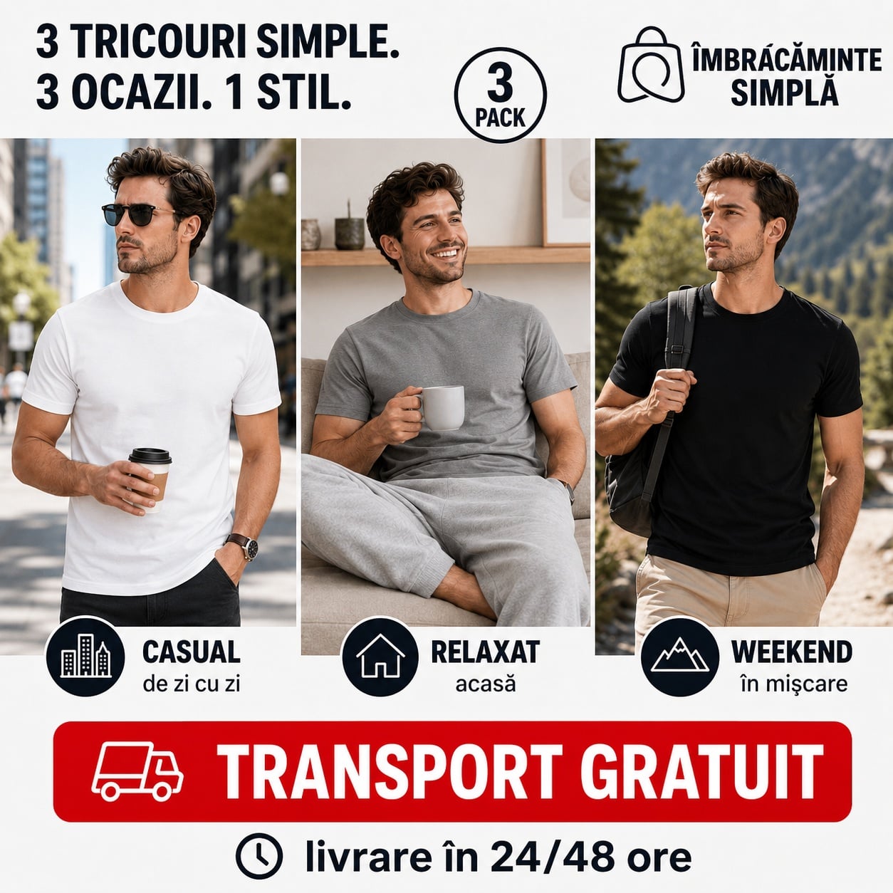 3 Tricouri Simple pentru 3 Ocazii Set 3 tricouri bărbați pentru casual relaxat și weekend