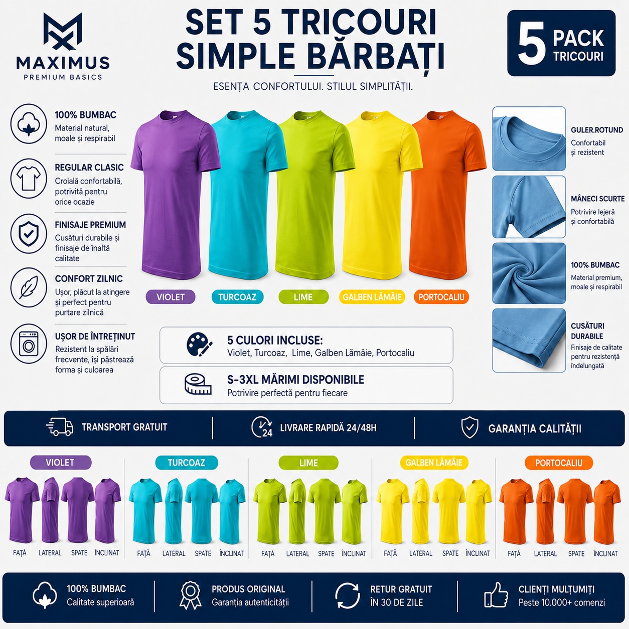 Set 5 tricouri simple bărbați detalii material bumbac guler rotund mâneci scurte