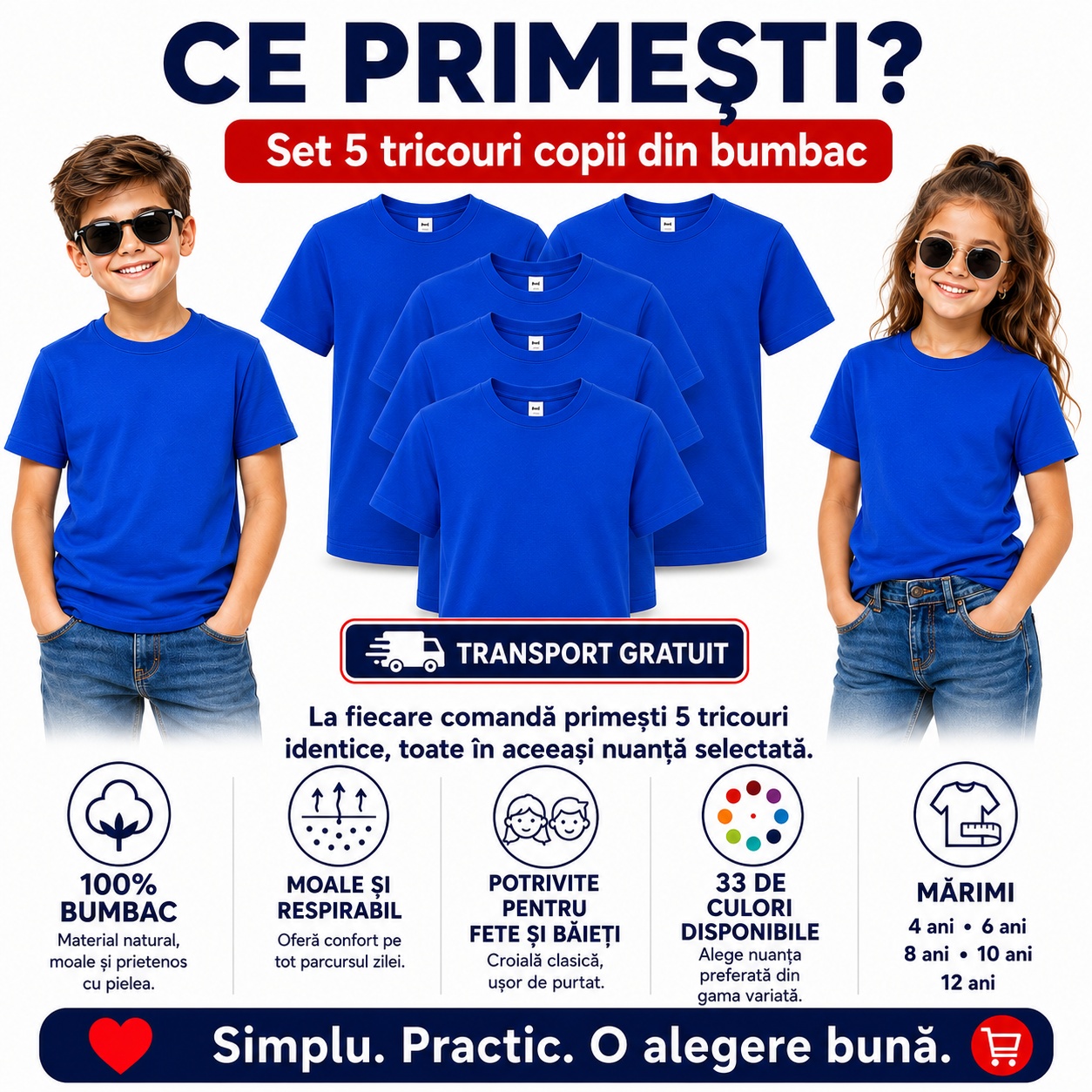 Set 5 tricouri copii - ce primesti Ce primesti in setul de 5 tricouri copii din bumbac, culoare albastru royal