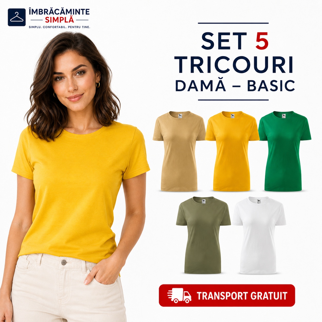 Set 5 tricouri damă basic 100% bumbac nisip galben verde mediu khaki alb transport gratuit