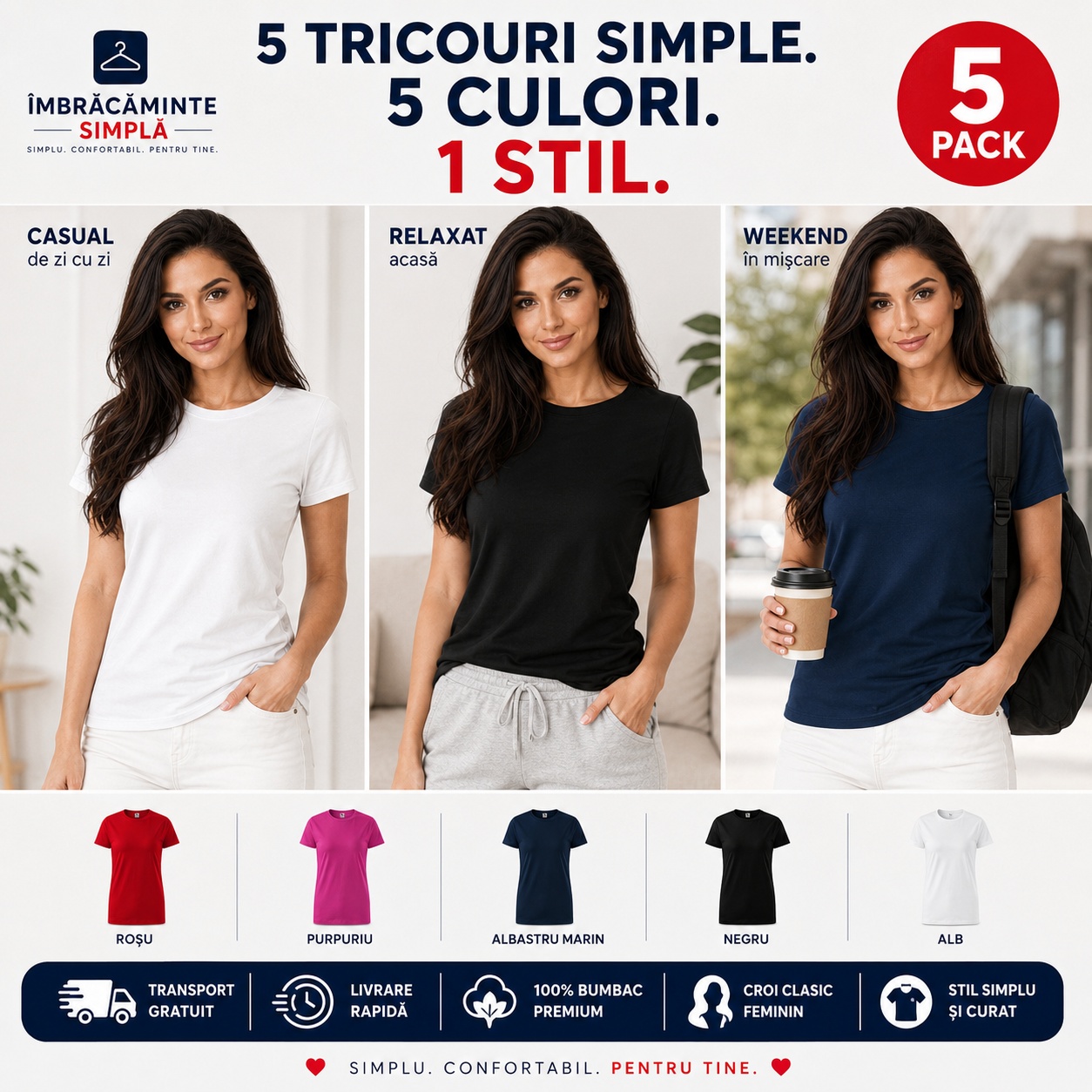 5 tricouri simple 5 culori 1 stil pentru femei