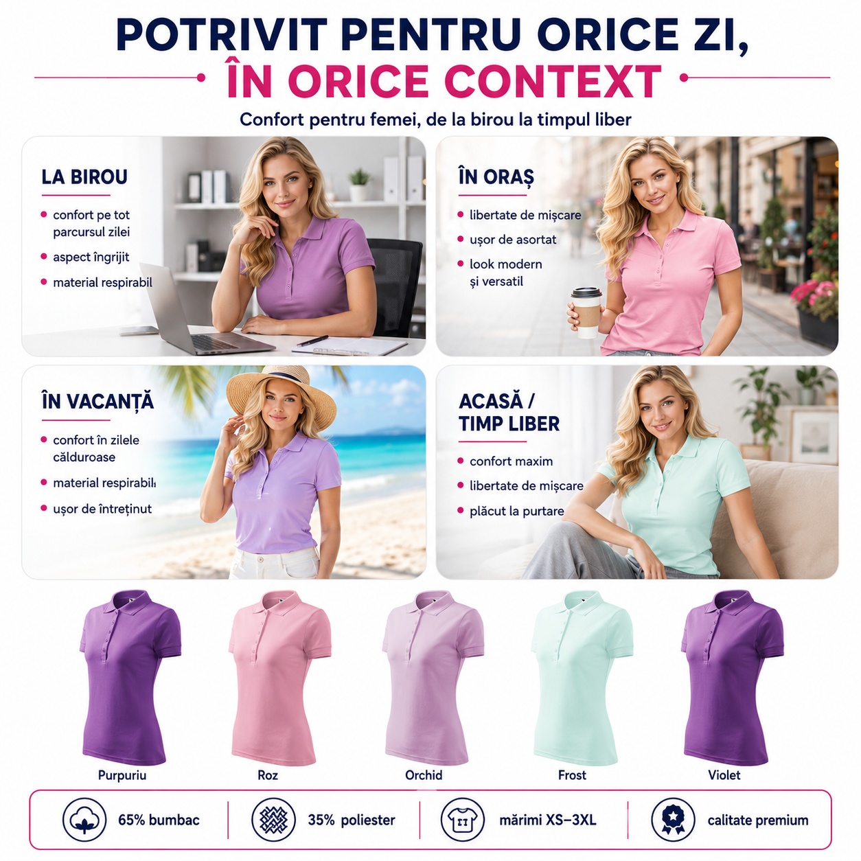 Tricouri polo dama potrivite pentru birou oras vacanta acasa timp liber culori purpuriu roz orchid frost violet