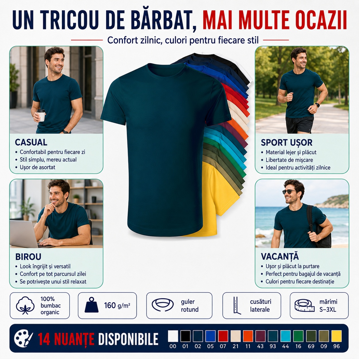 Tricou Bărbat pentru Casual, Birou, Sport Ușor și Vacanță Tricou bărbat pentru casual, birou, sport ușor și vacanță, 14 nuanțe disponibile, material confortabil