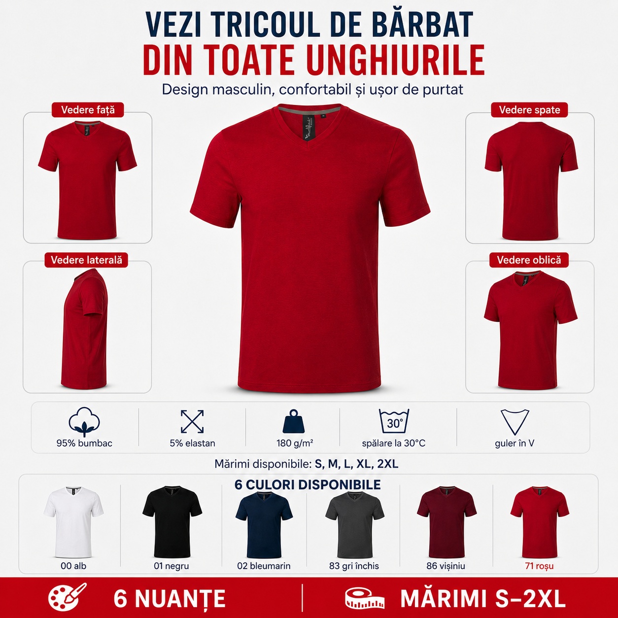 Tricou Bărbat V-Neck din Toate Unghiurile Tricou bărbat Malfini Action V-Neck 700 văzut din față, spate, lateral și oblic, design masculin confortabil