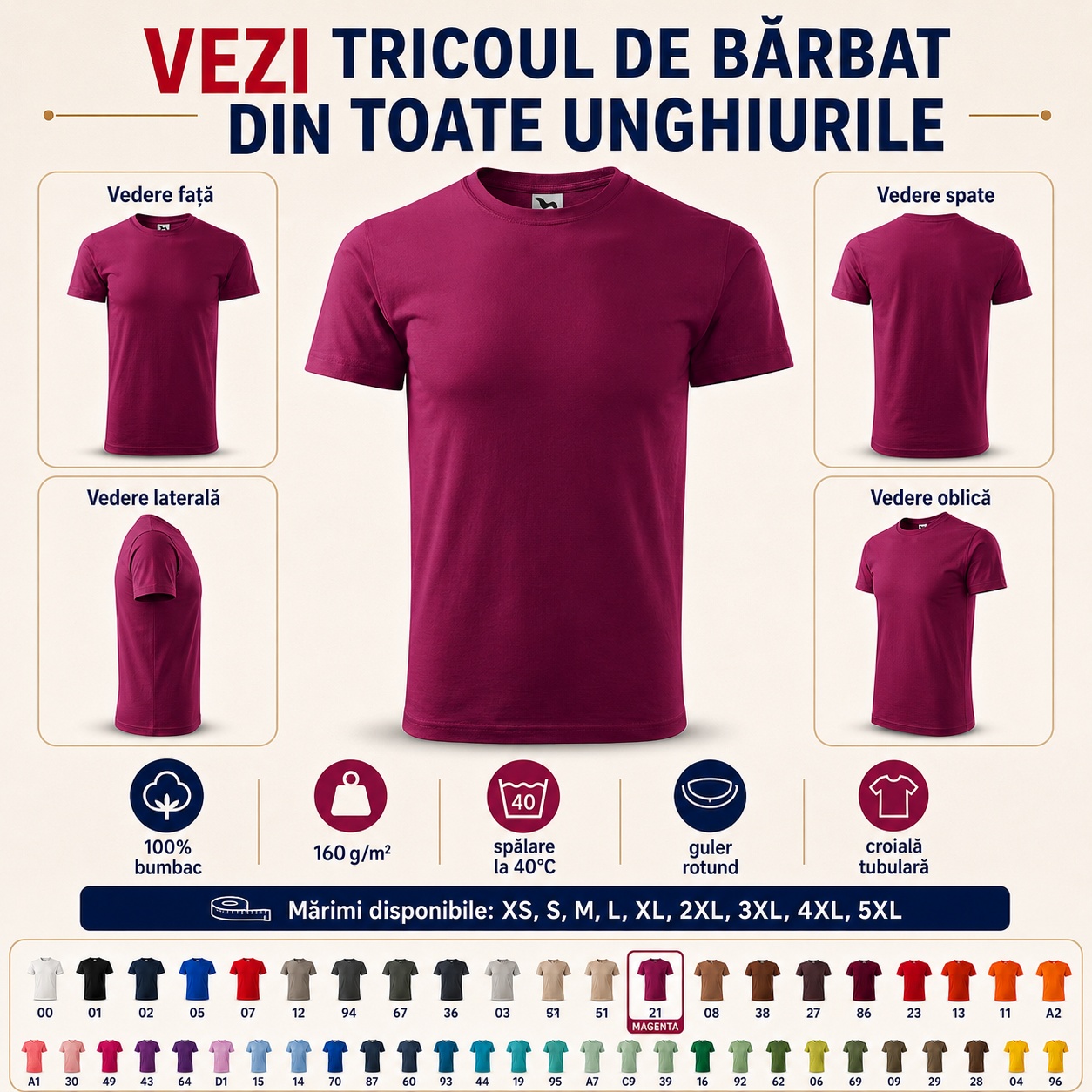 Tricou bărbat simplu vedere față, vedere spate, vedere laterală și vedere oblică, 100% bumbac, guler rotund și croială tubulară