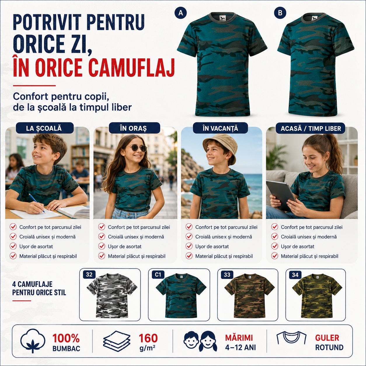 Tricou camuflaj copii potrivit pentru școală, oraș, vacanță, acasă și timp liber
