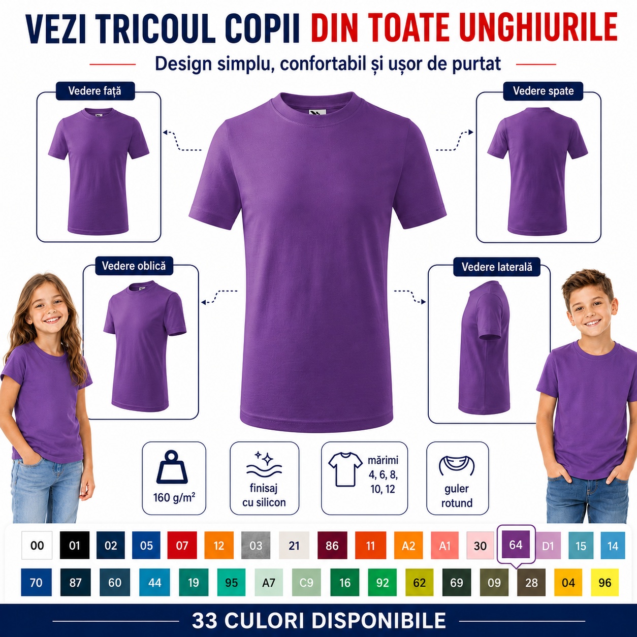 Tricou copii Basic Kids văzut din față, spate, lateral și oblic