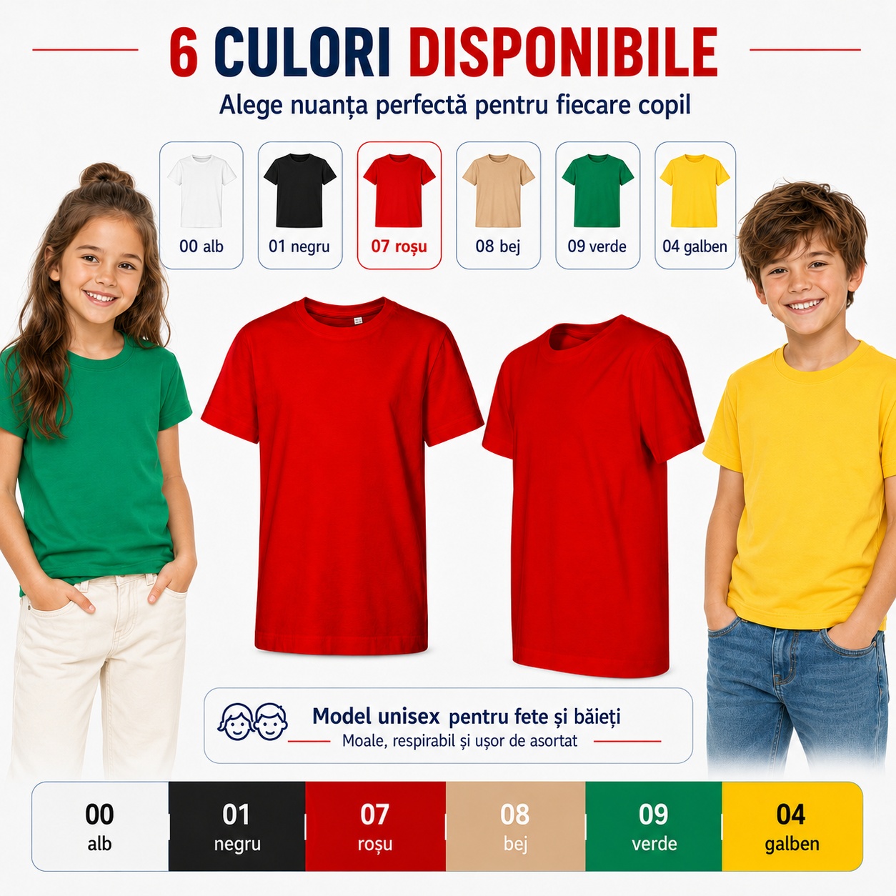 6 culori disponibile pentru tricou copii Edge Malfini: alb, negru, roșu, bej, verde și galben