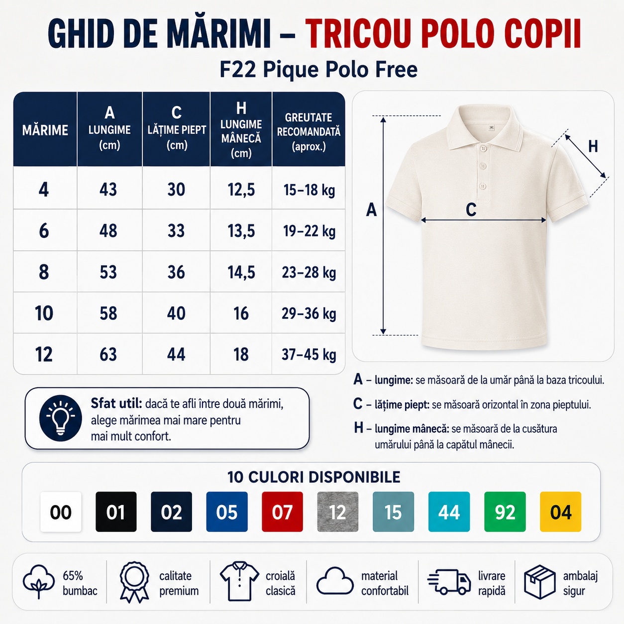 Ghid de mărimi tricou polo copii, mărimi 4 ani, 6 ani, 8 ani, 10 ani și 12 ani