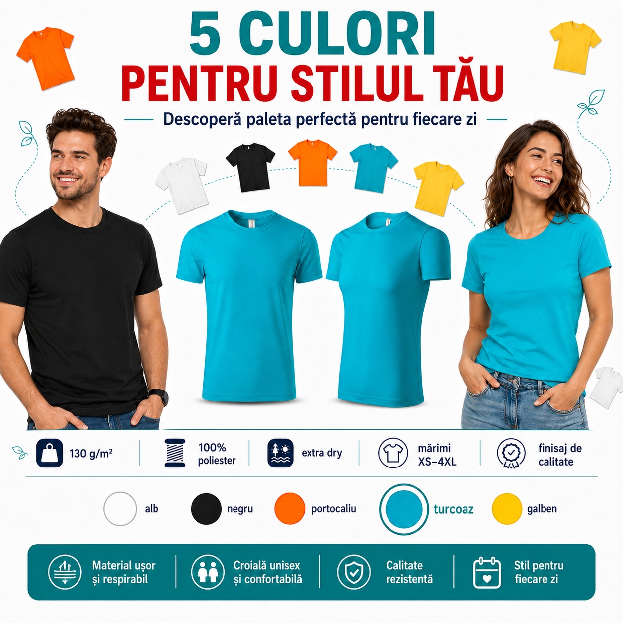 Cinci culori pentru stilul tău Cinci culori pentru tricoul sport unisex Extra Dry