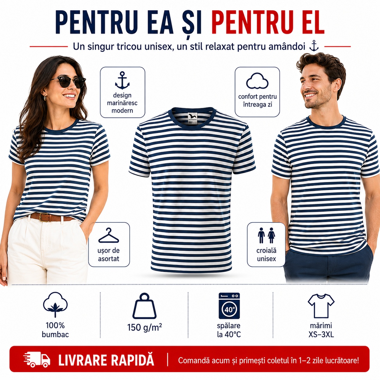 Tricou unisex pentru damă și bărbat Tricou marinăresc unisex pentru ea și pentru el
