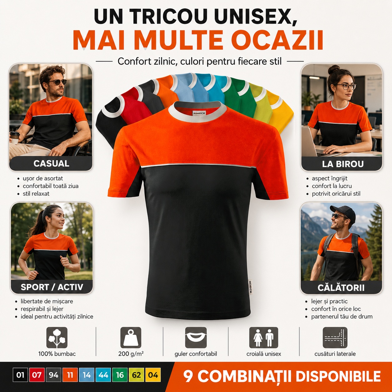 Ocazii de purtare pentru tricoul Rimeck 109 Colormix Tricou unisex Rimeck 109 Colormix pentru ținute casual, birou, sport și călătorii