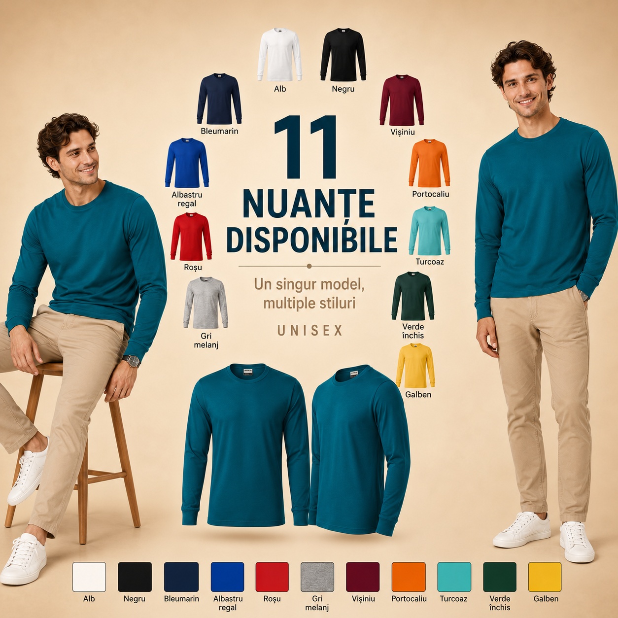 11 nuanțe disponibile pentru tricoul Rimeck Tricou unisex Rimeck cu mânecă lungă prezentat în 11 variante de culoare
