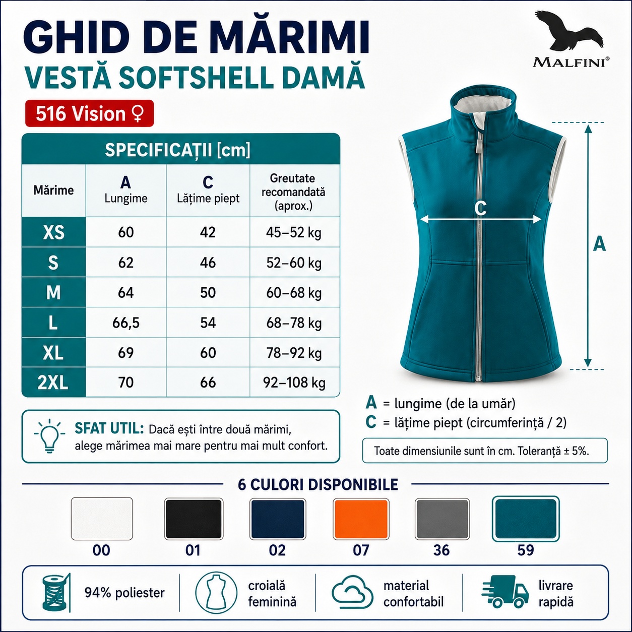Vestă damă softshell Vision 516 – croială feminină Vestă femei Vision 516 softshell cu croială feminină și fleece