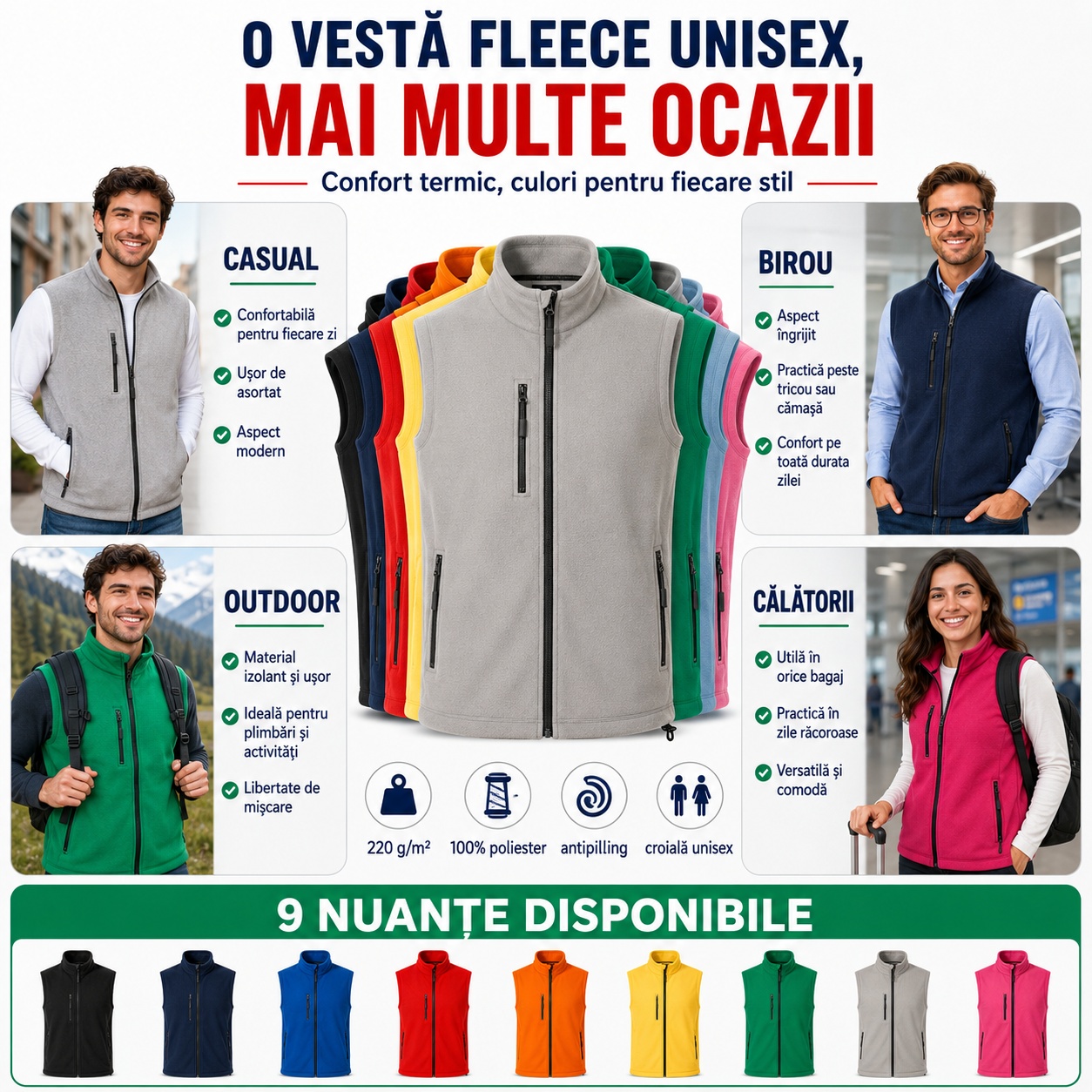 Avantaje vestă fleece unisex călduroasă cu fermoar Malfini Exit 525