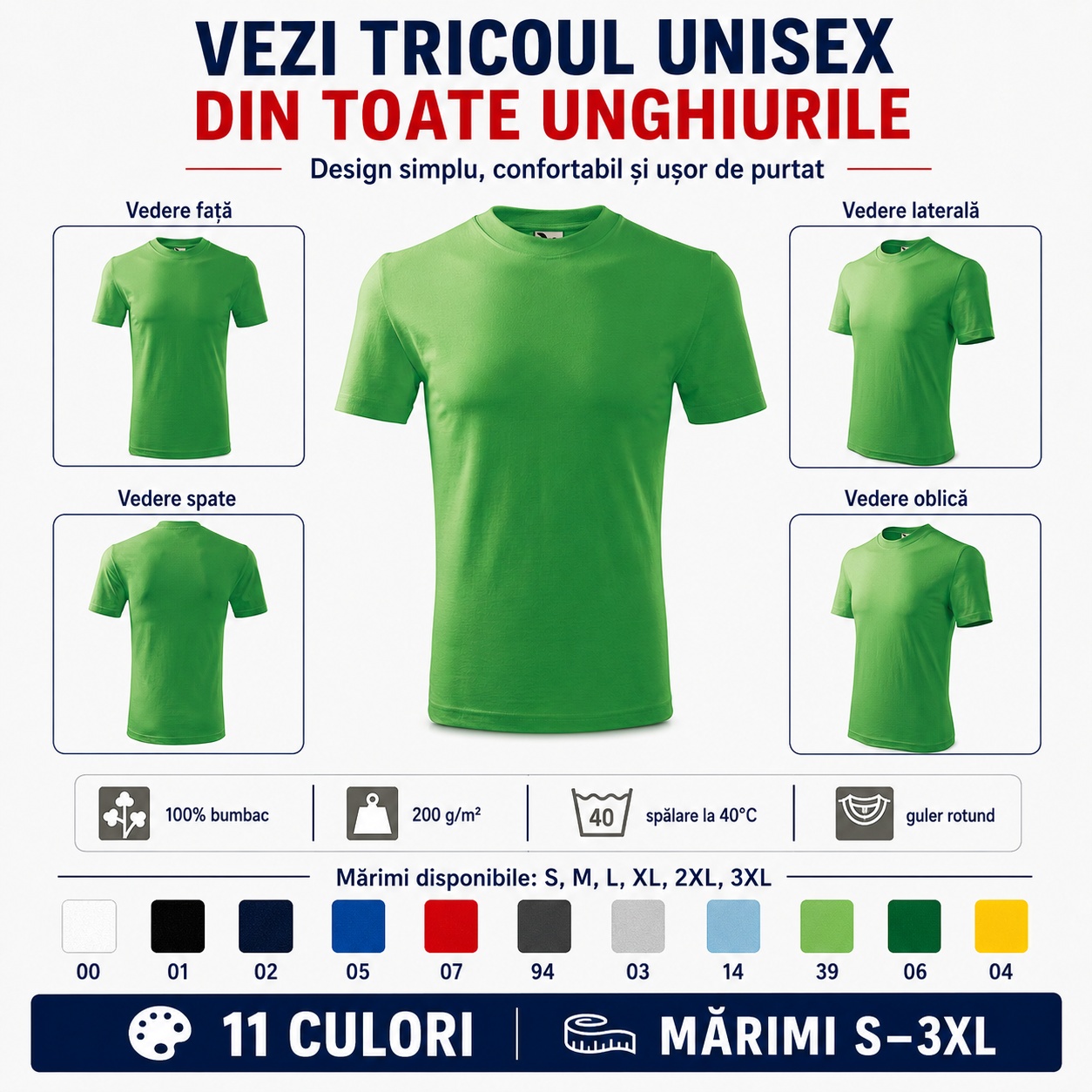 Tricou unisex Heavy 110 vedere față spate laterală oblică croială tubulară guler rotund 11 culori