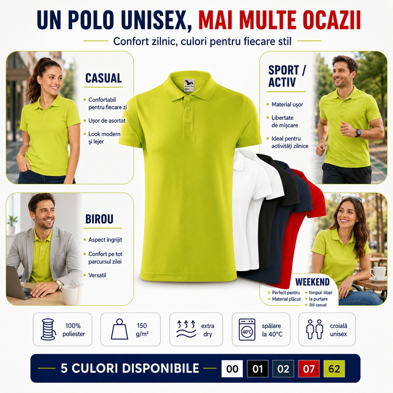 Idei de purtare pentru polo unisex Malfini 217 Polo unisex Malfini Victory purtat casual, la birou, în weekend și pentru activități sportive