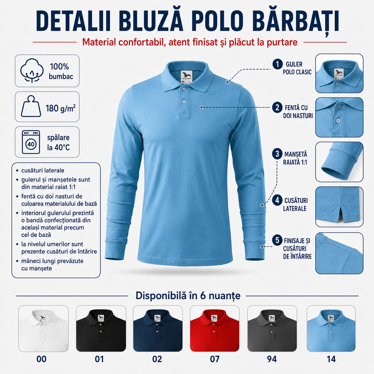 Detalii bluză polo bărbați, guler polo clasic, fentă cu doi nasturi și manșete