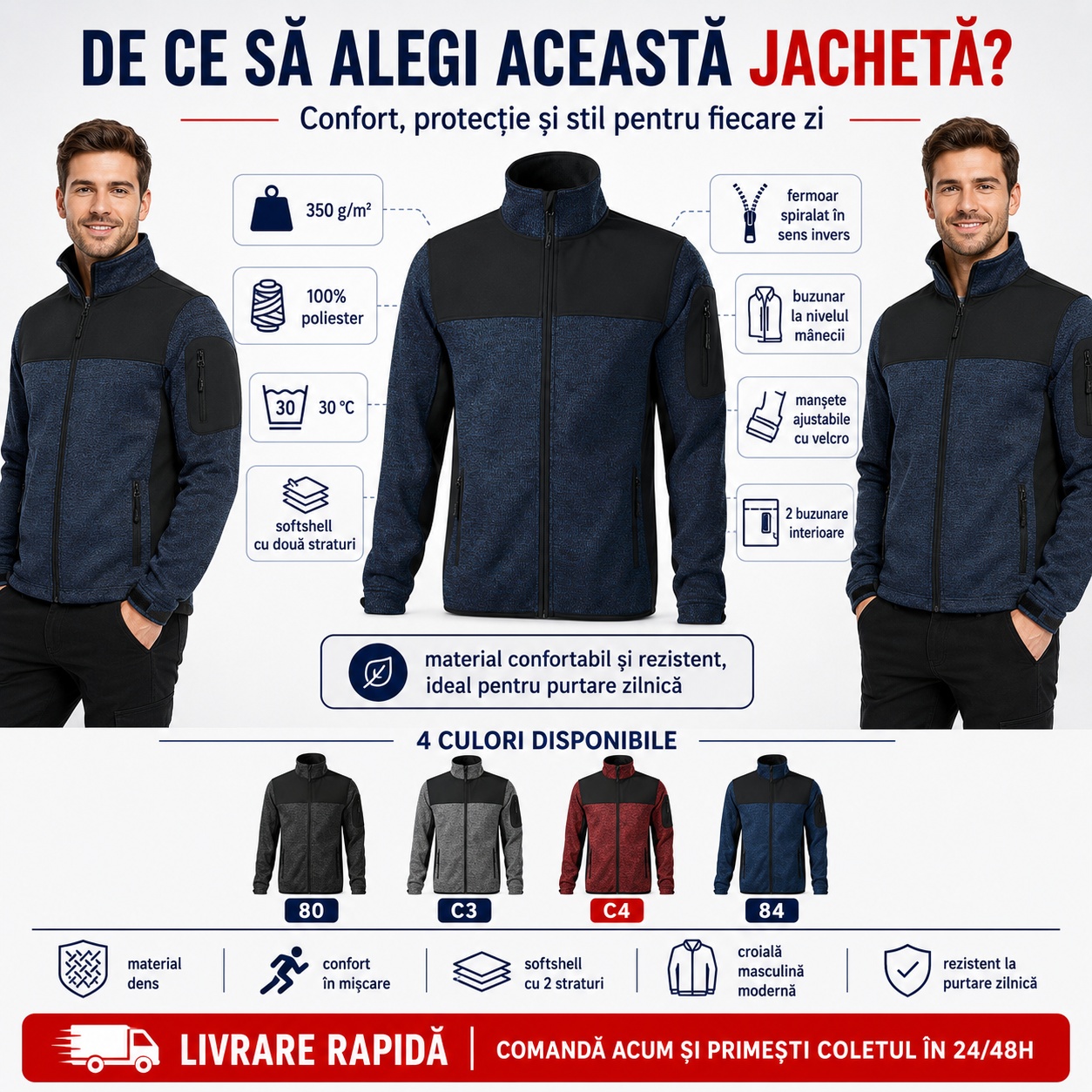 Geacă softshell bărbați Casual 550 modernă cu buzunare și fleece