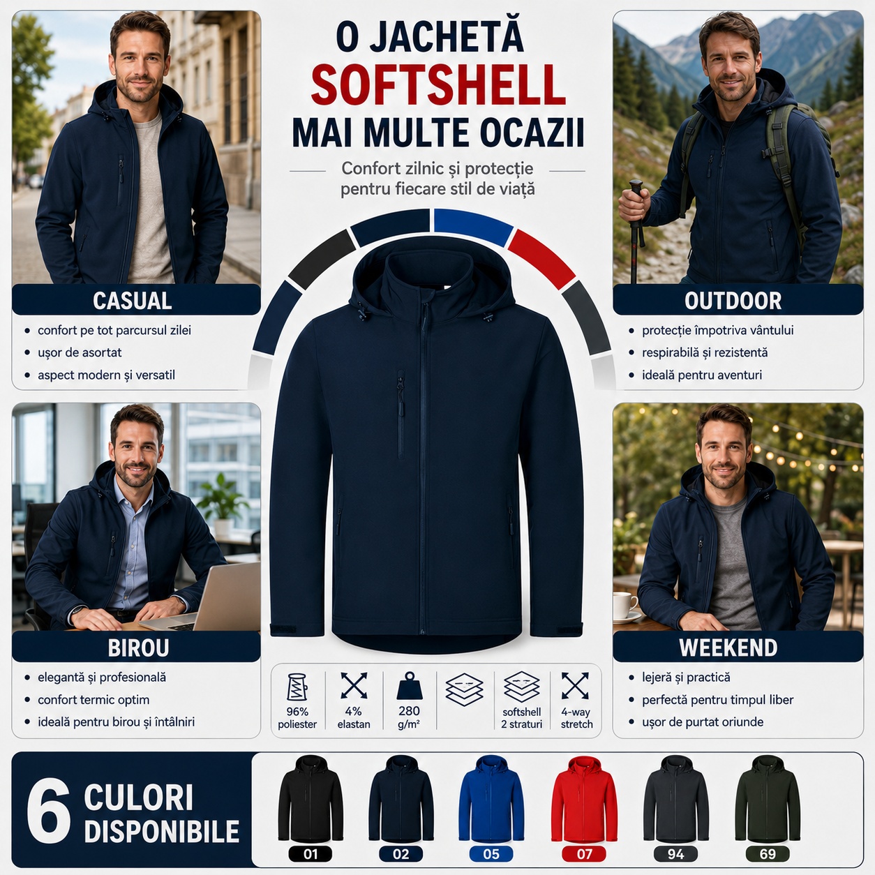 Buzunare fermoare mansete reglabile geaca softshell barbati