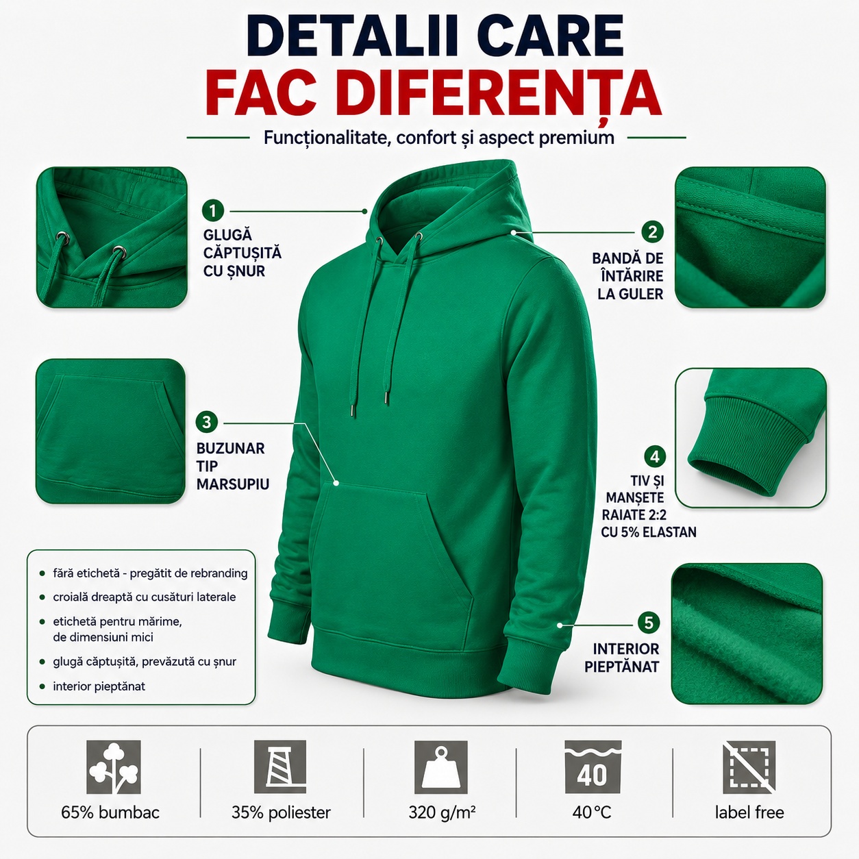 Detalii premium F13 Cape Free Detalii F13 Cape Free cu glugă căptușită, bandă de întărire, buzunar marsupiu și interior pieptănat