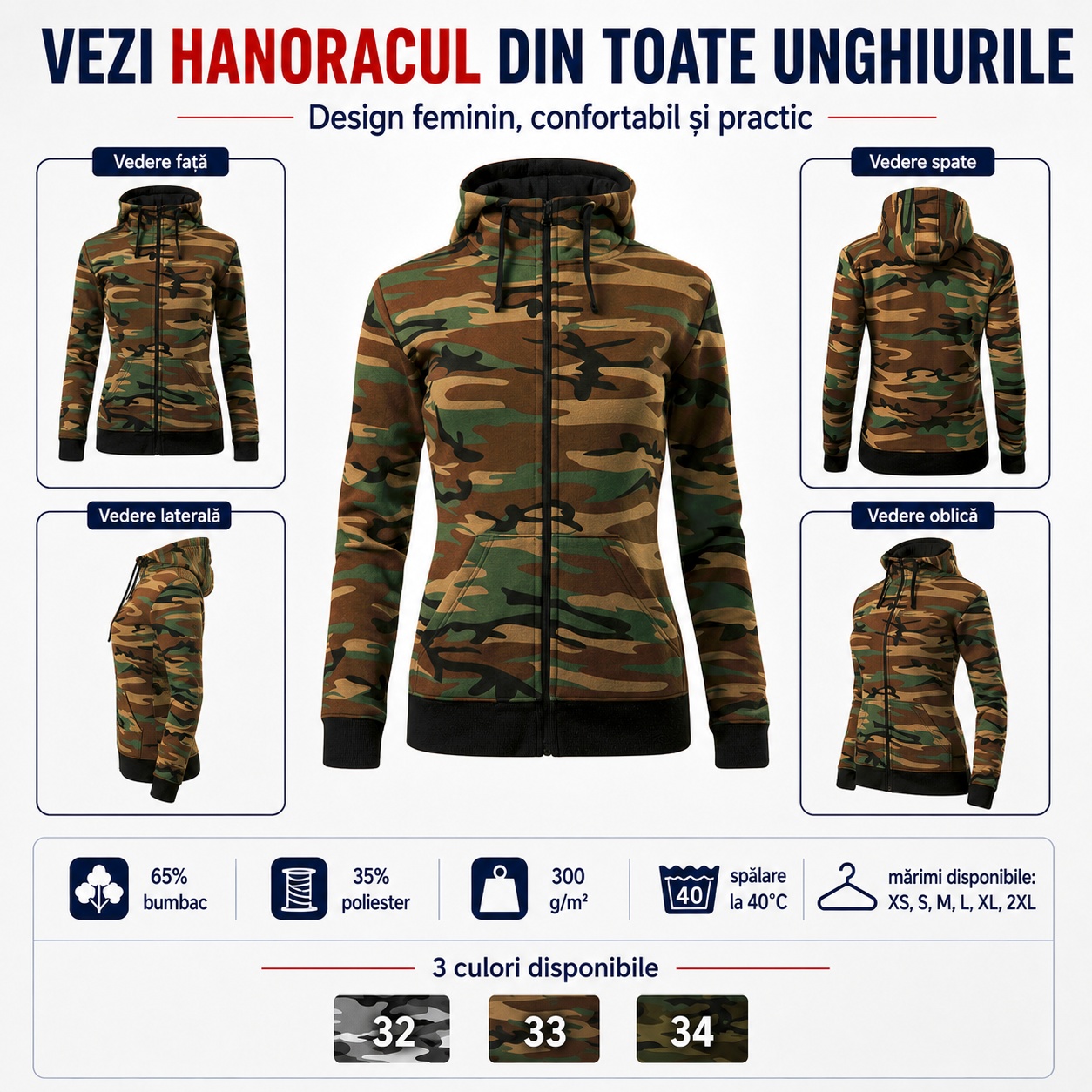Elemente principale hanorac camouflage damă Malfini C20