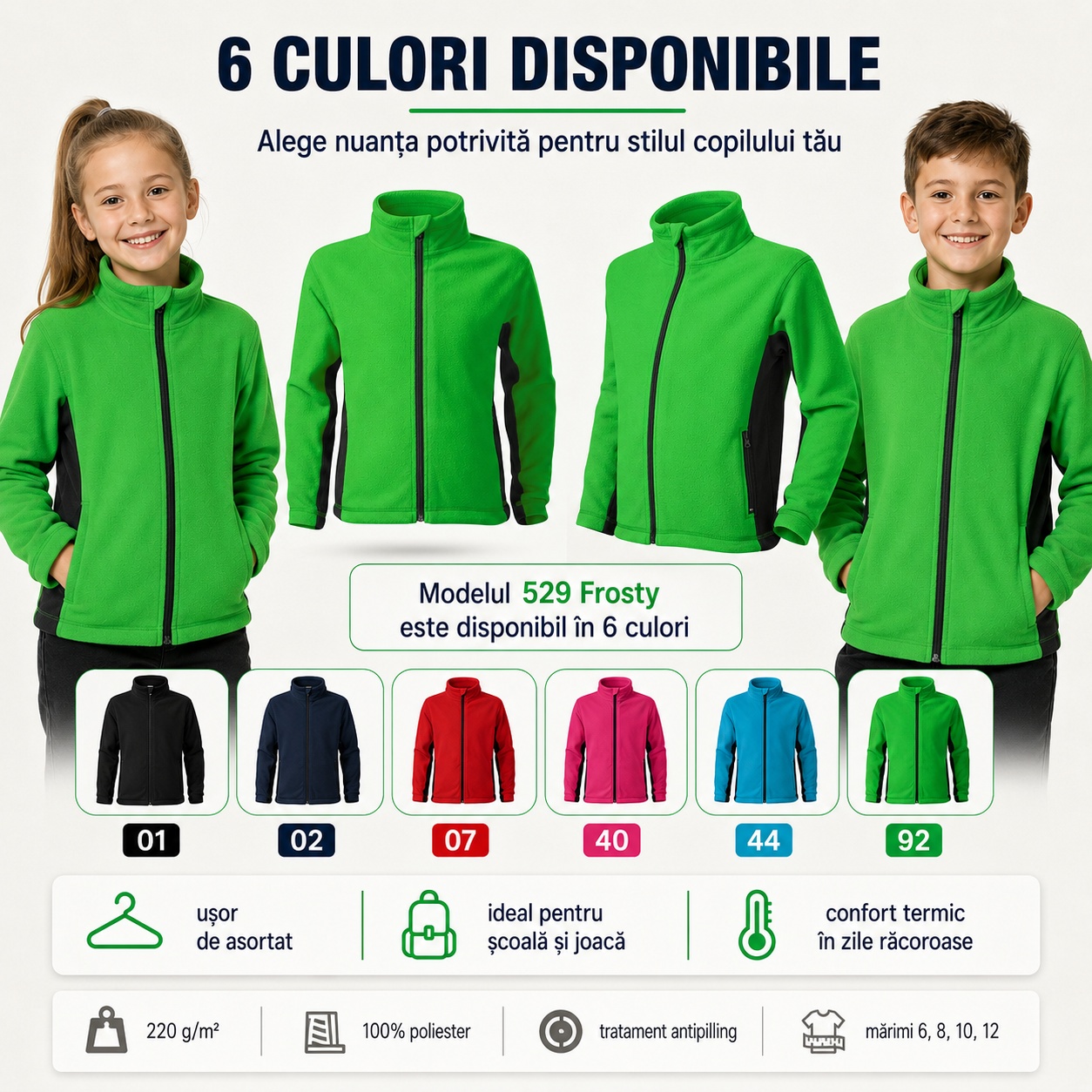 Jacheta fleece copii tip bluza hanorac cu fermoar calduroasa si moale Frosty 529
