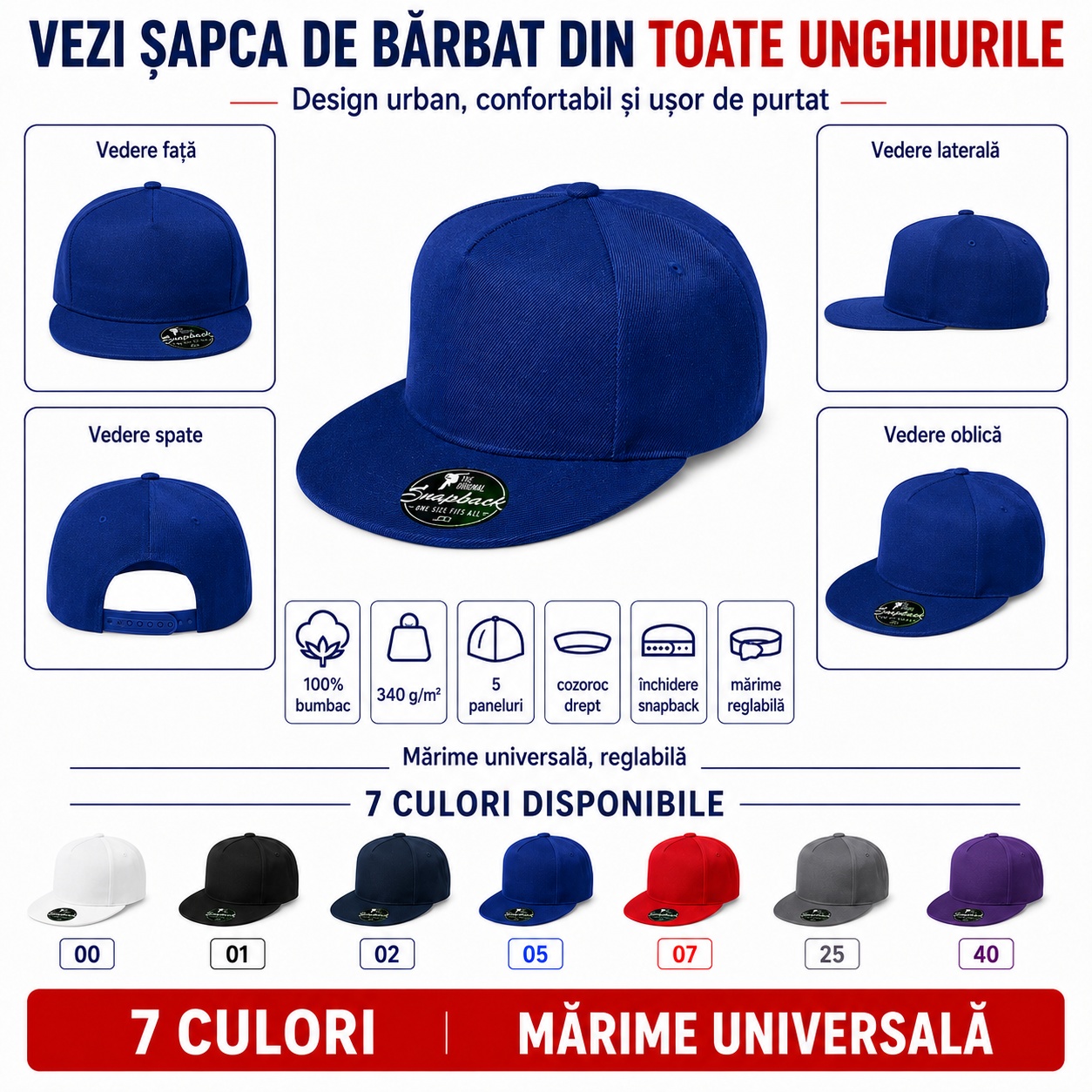 Șapcă RAP văzută din toate unghiurile Șapcă RAP prezentată din față, lateral, spate și oblic