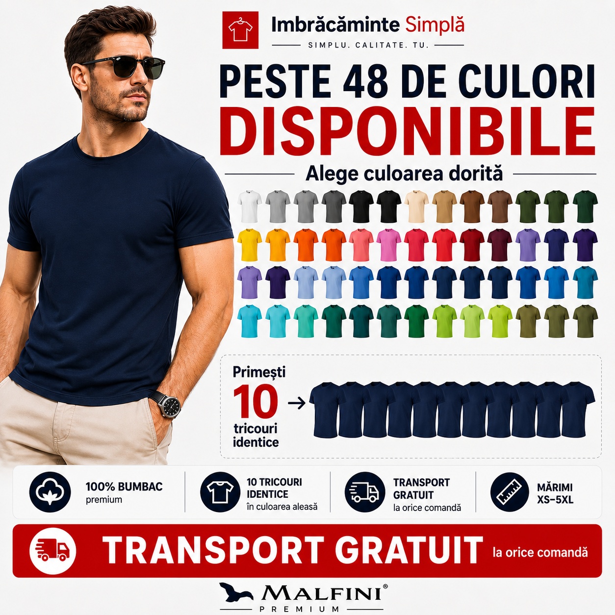 Peste 48 de culori disponibile pentru set 10 tricouri bărbat Malfini Basic Clasic