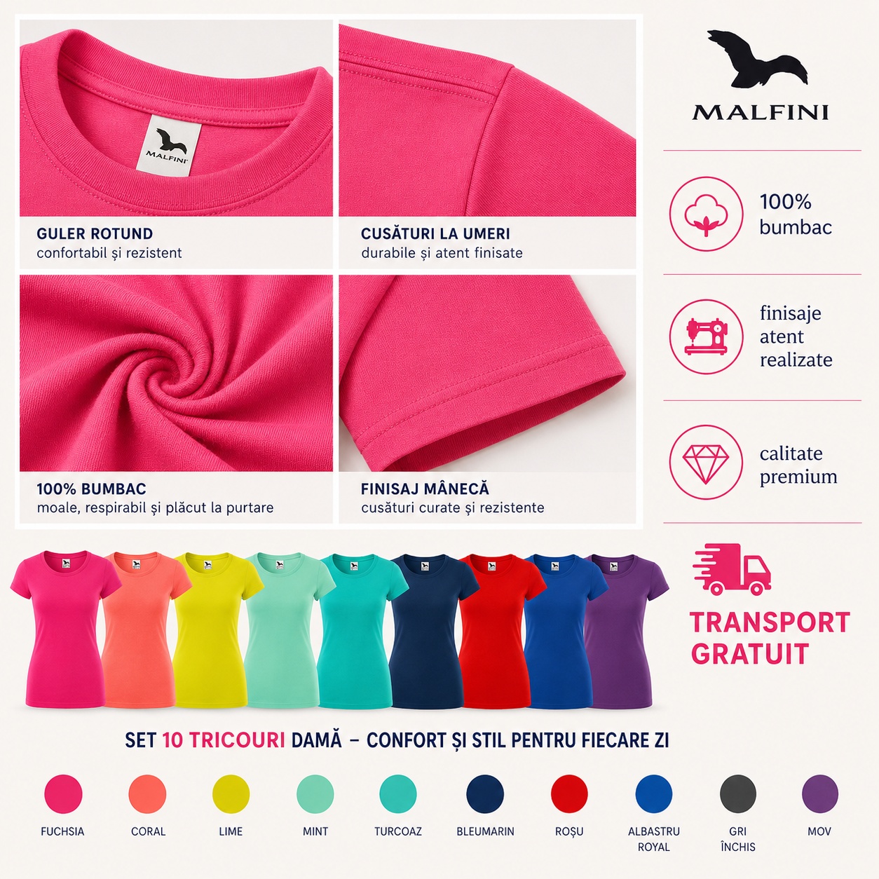 Detalii premium tricouri damă din bumbac 100% Detalii tricou damă Malfini, guler rotund, cusături la umeri, bumbac 100%, finisaj mânecă