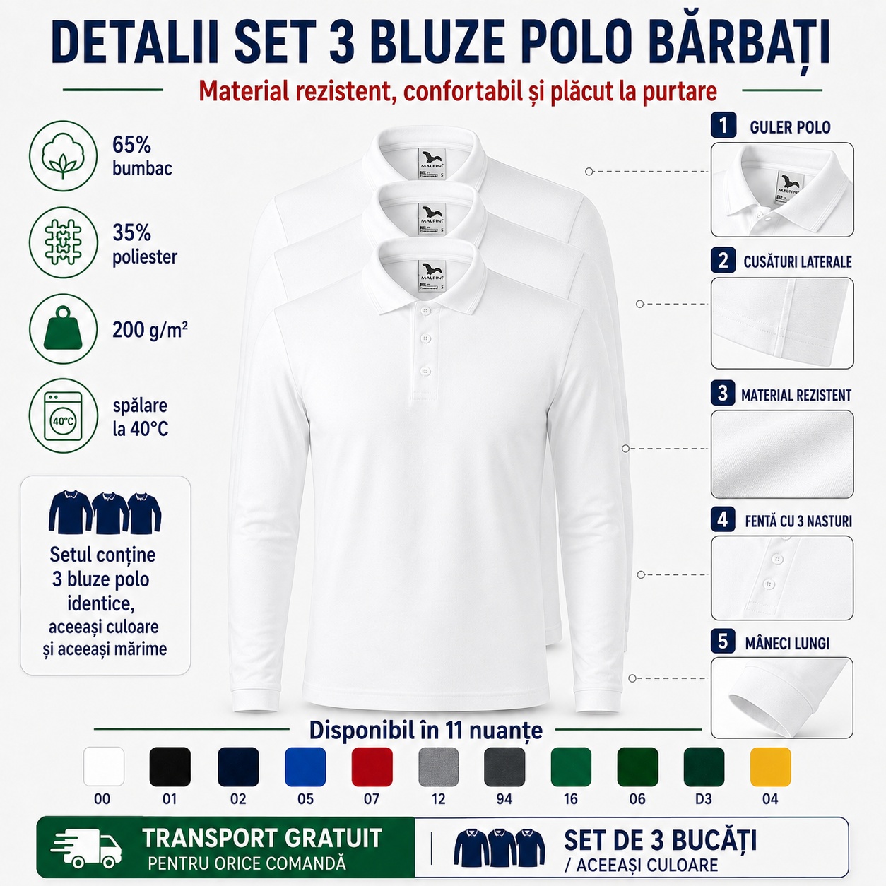 Detalii set 3 bluze polo bărbat, guler polo, cusături laterale și mâneci lungi