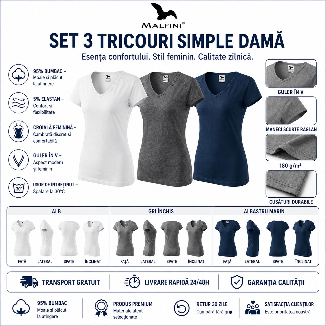 Detalii set tricouri damă Malfini 128 Dream Detalii set 3 tricouri damă Malfini 128 Dream cu guler în V, mâneci scurte raglan, 95% bumbac și 5% elastan