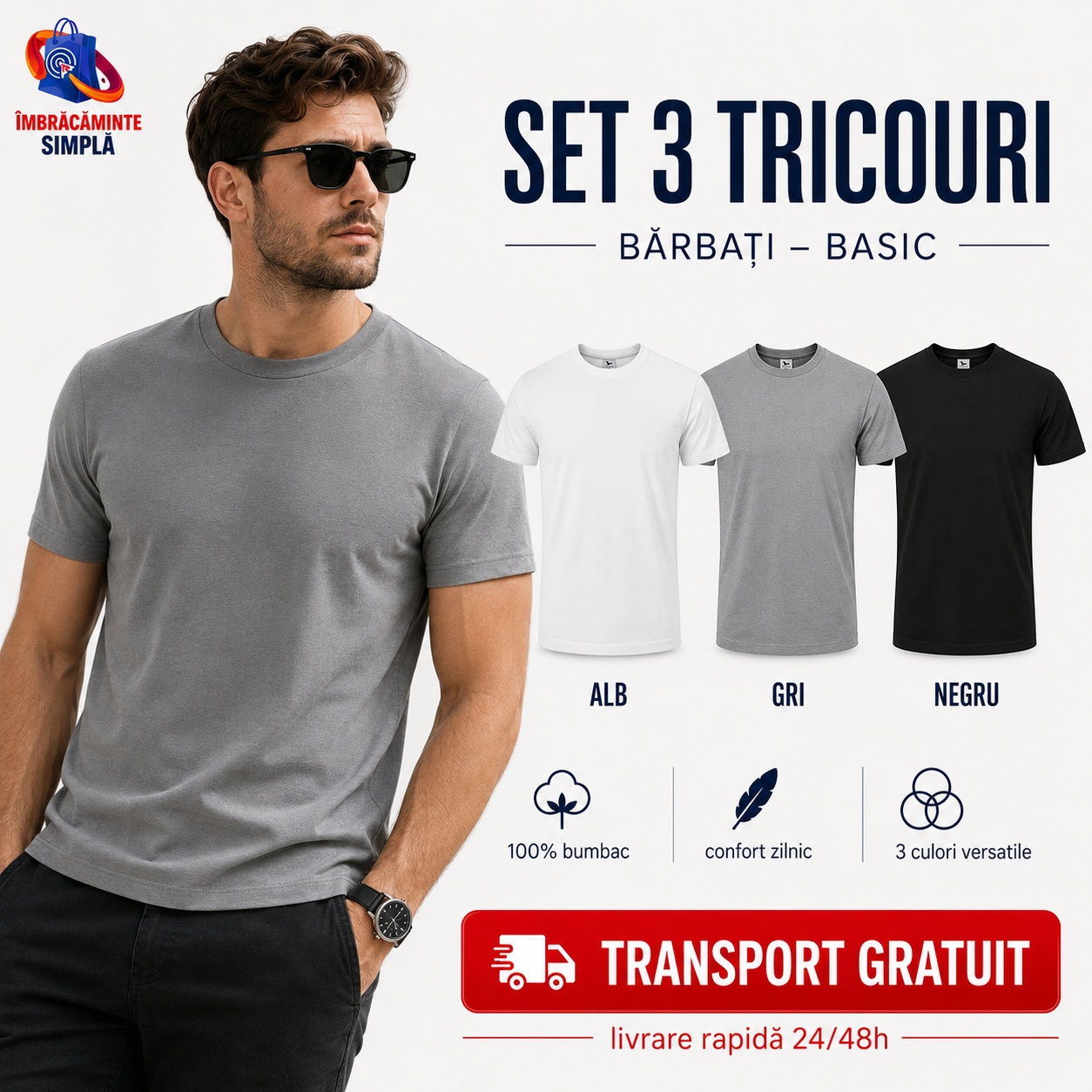 Set 3 Tricouri Bărbați 100% Bumbac - Alb Gri Negru Set 3 tricouri simple bărbați 100% bumbac alb gri negru cu transport gratuit