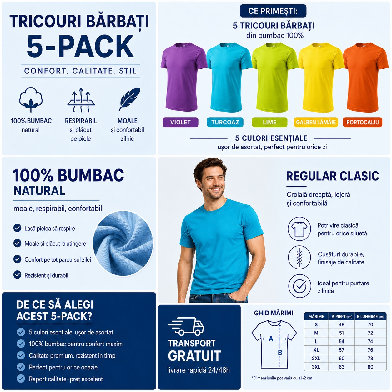Tricouri bărbați 5-pack confort calitate stil 100% bumbac regular clasic