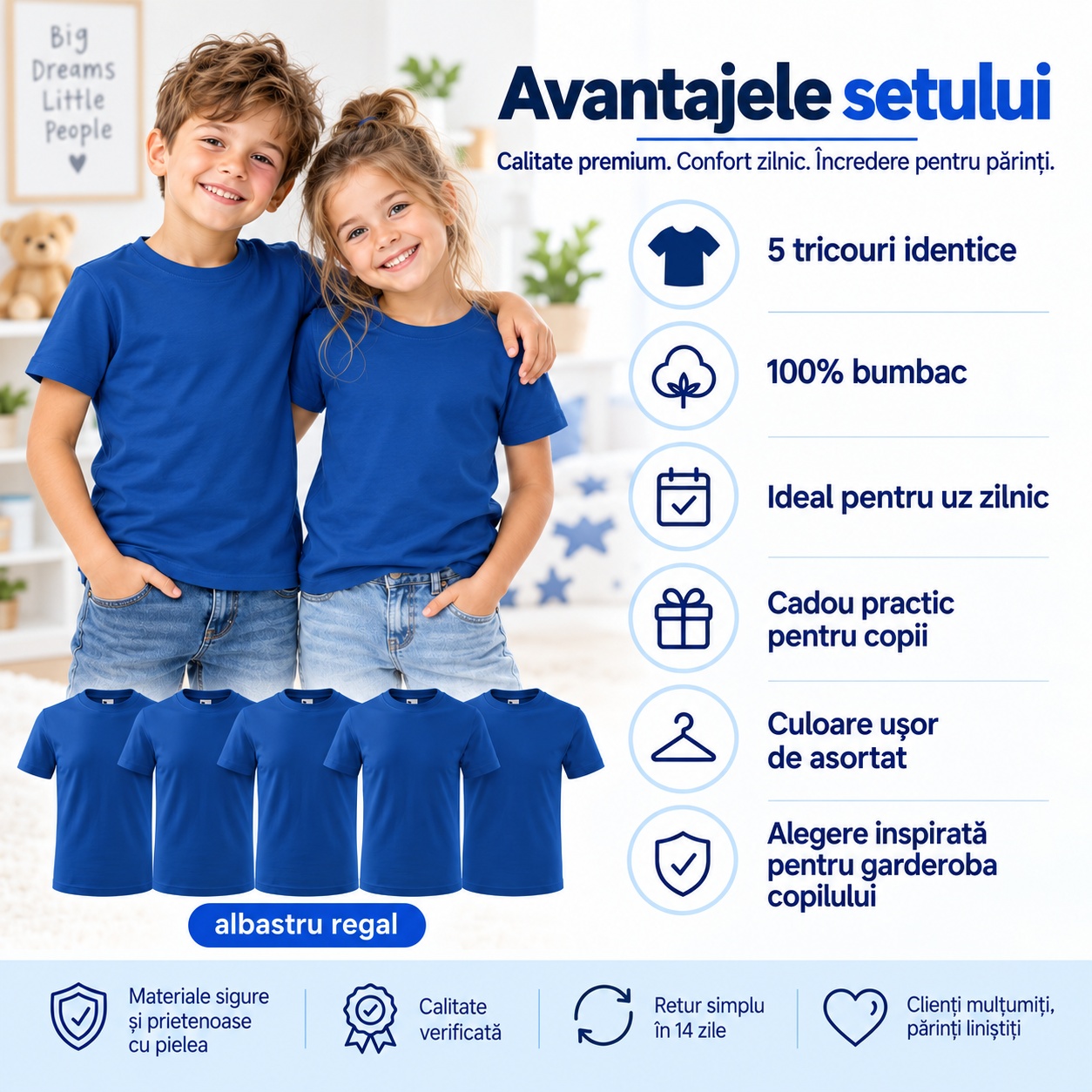 Tricou copii Albastru Regal cu mânecă scurtă