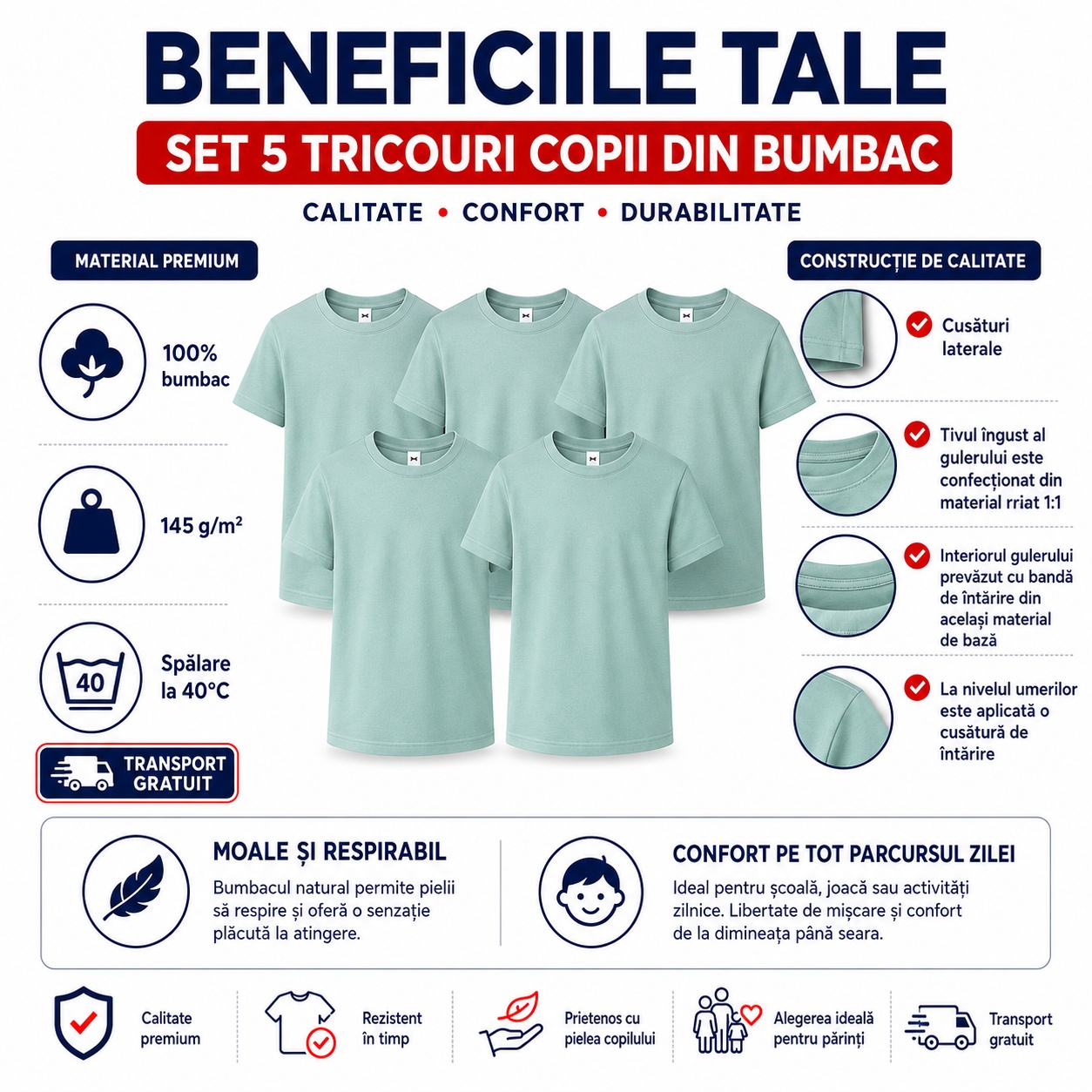 Beneficii set 5 tricouri copii din bumbac Beneficii set 5 tricouri copii din bumbac 100%, material moale, respirabil si confortabil