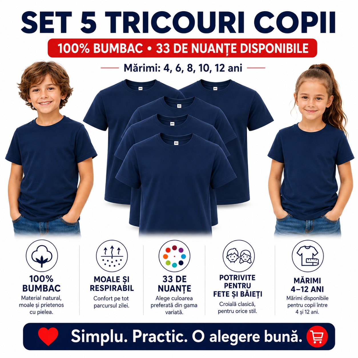 Set 5 tricouri copii din bumbac 100%, mânecă scurtă, 33 nuanțe pentru fete și băieți