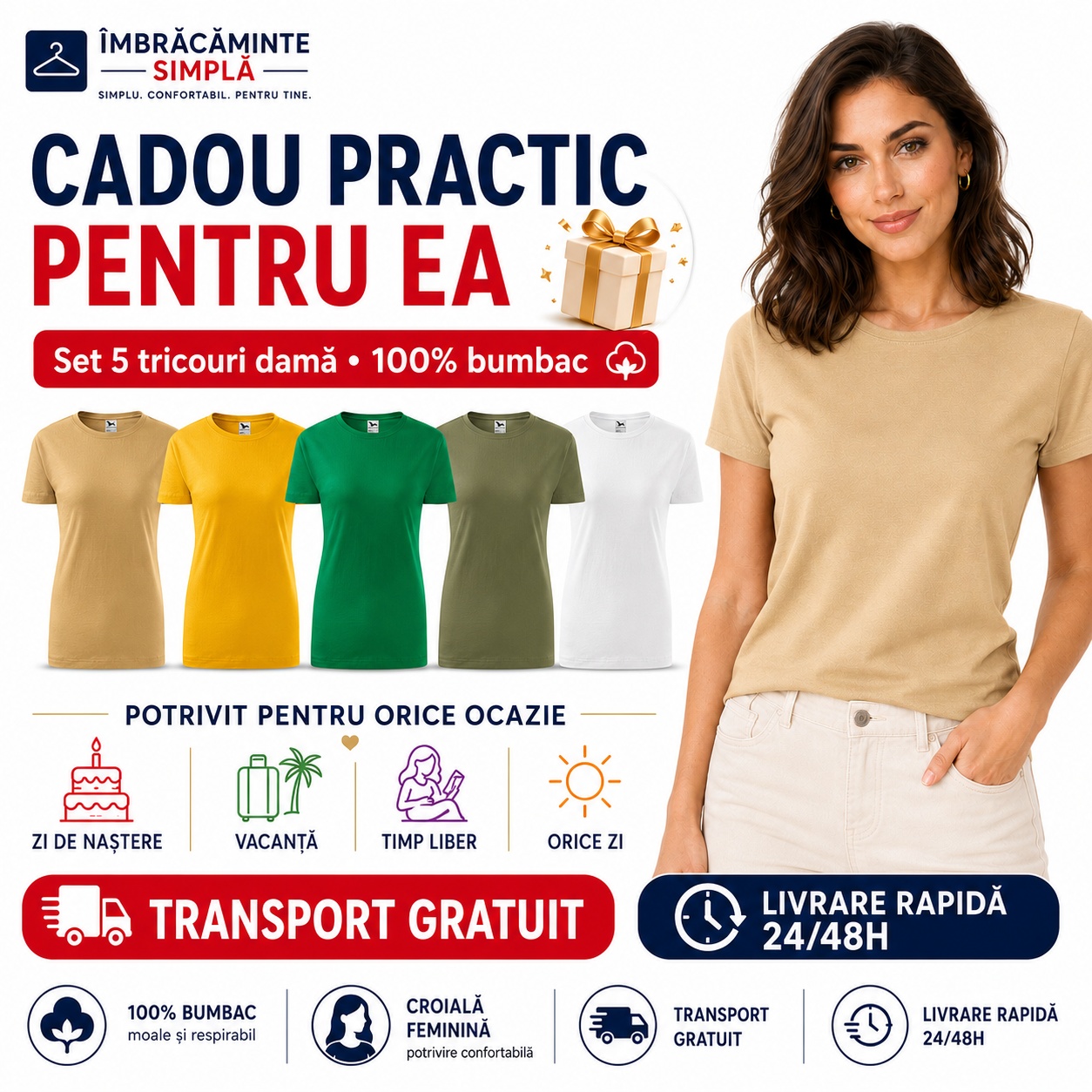 Set 5 tricouri damă cadou practic pentru ea 100% bumbac transport gratuit livrare rapidă