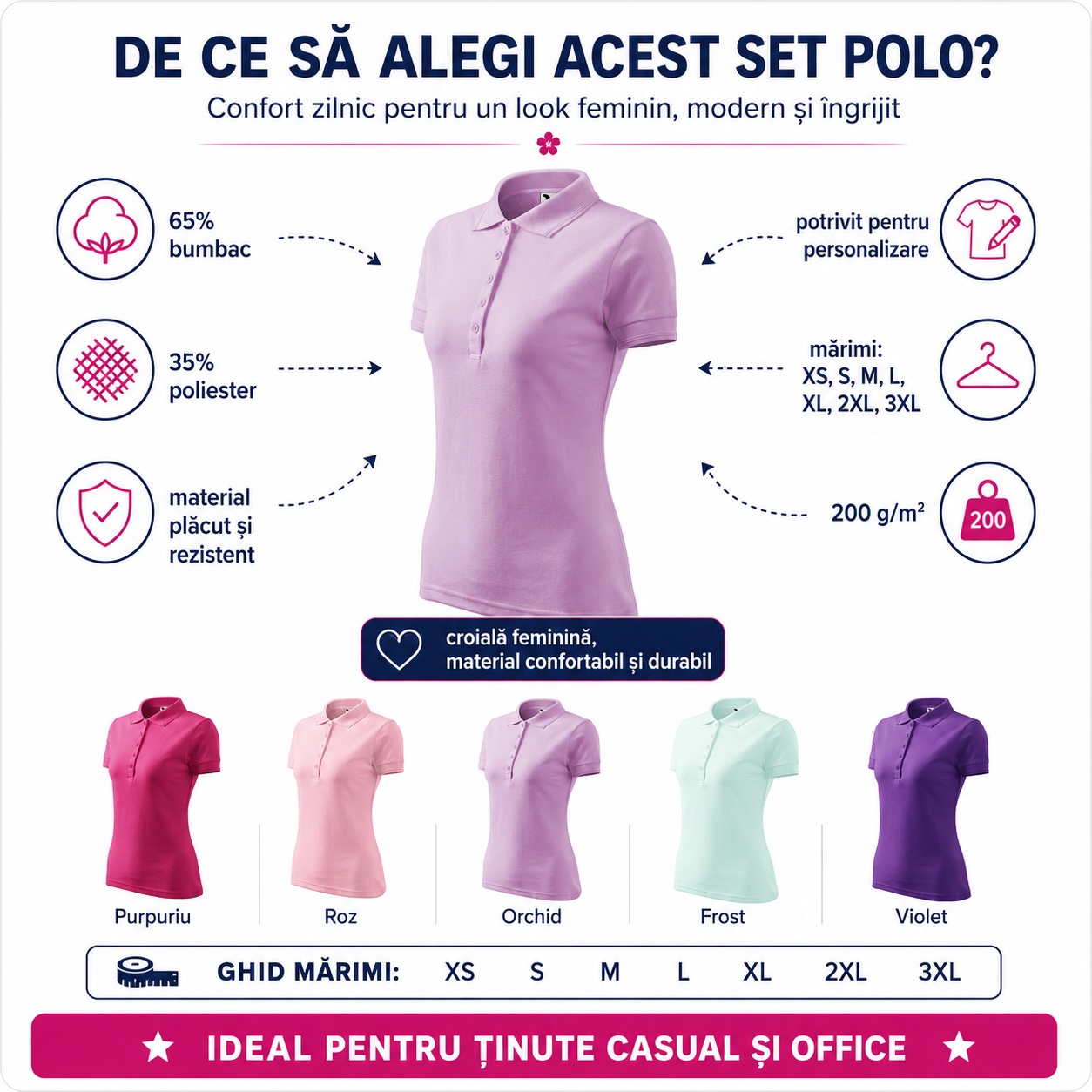 De ce sa alegi set tricouri polo dama 65 bumbac 35 poliester material placut rezistent 200 g m2