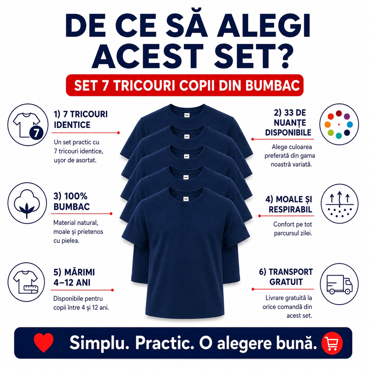 De ce să alegi setul de 7 tricouri copii din bumbac, 33 de nuanțe și transport gratuit