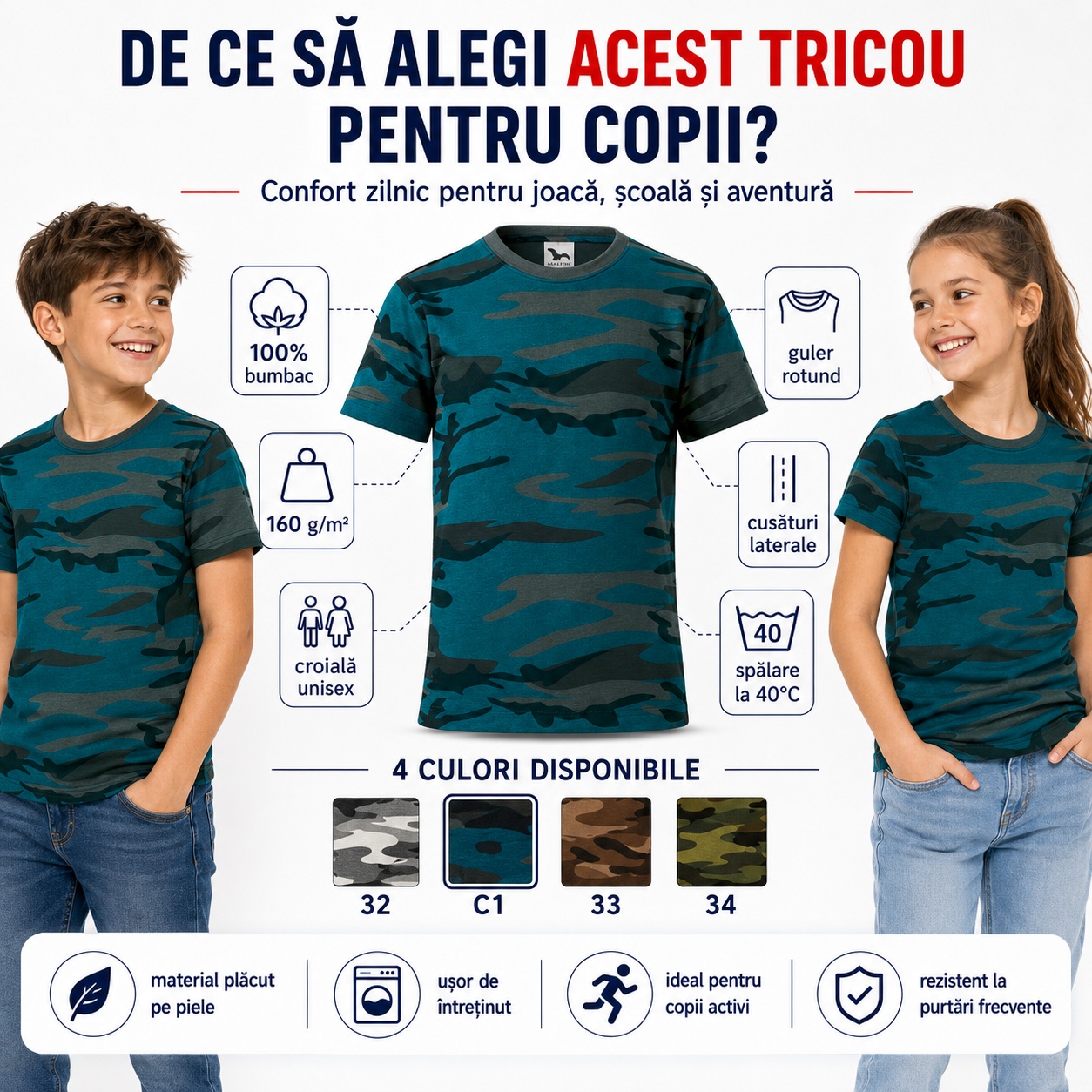 De ce să alegi tricoul camuflaj pentru copii, bumbac 100%, guler rotund, cusături laterale, 4 culori