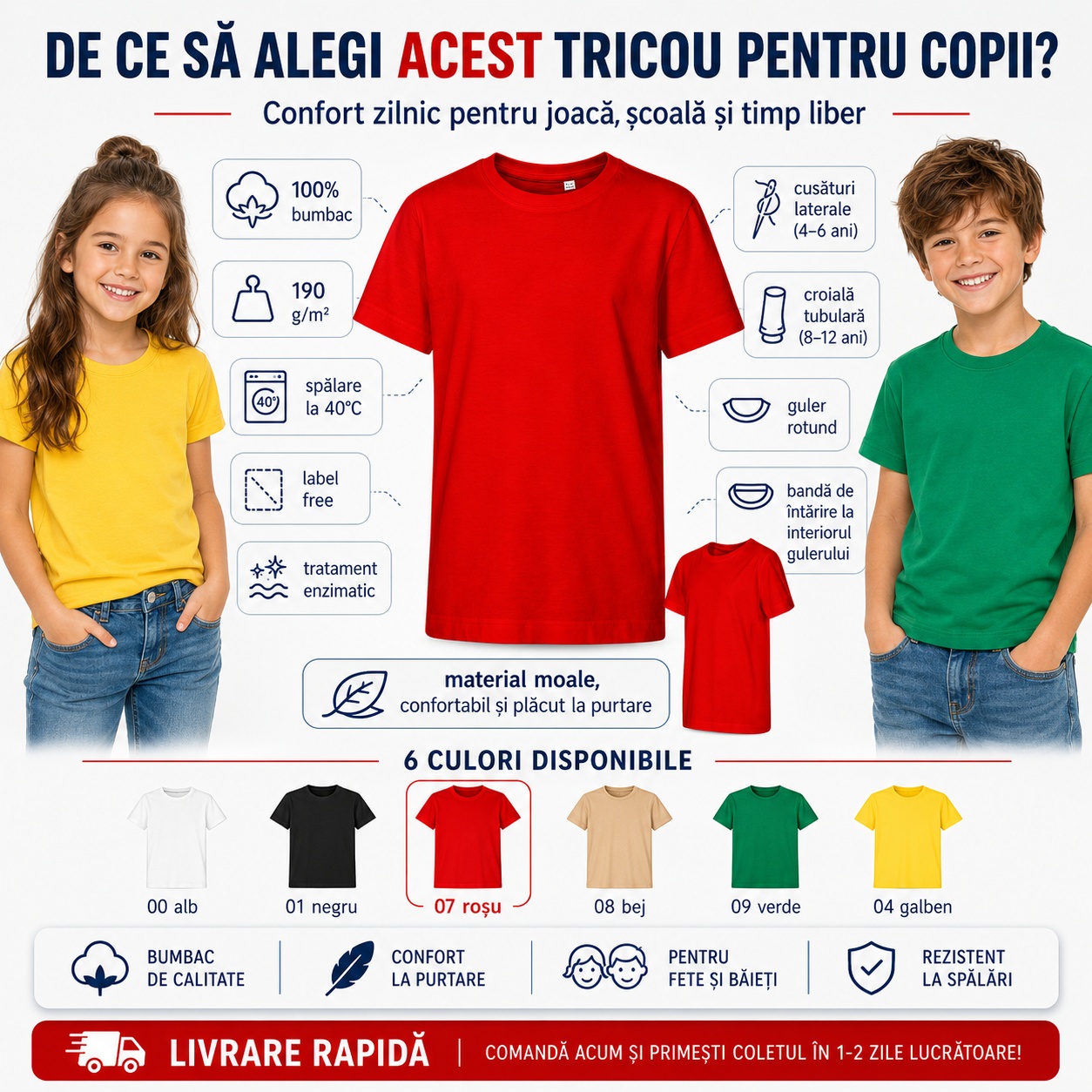 De ce să alegi tricou copii Edge Malfini, 100% bumbac, 190 g/m², label free, tratament enzimatic