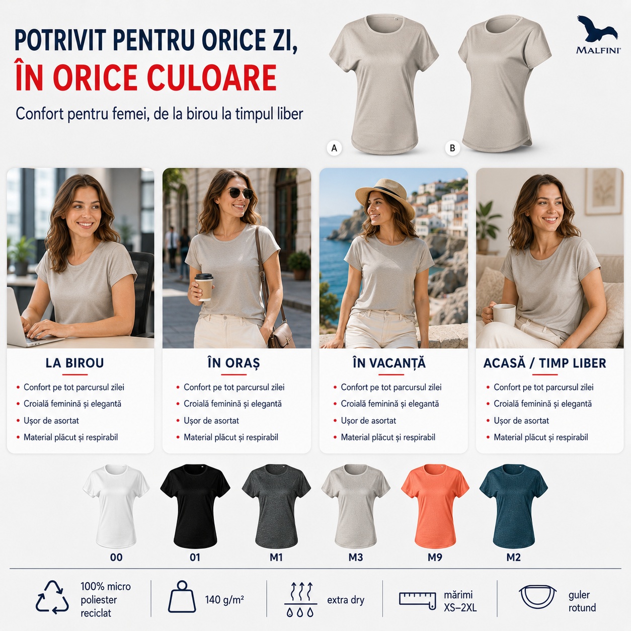 Tricou damă Malfini Chance GRS 811 potrivit pentru birou, oraș, vacanță și timp liber